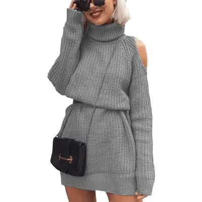 Black Knitted Cold Shoulder Sweater Dress for Women