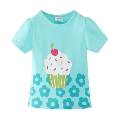 Summer Cotton T-Shirt for Girls Light Blue Cupcake Design