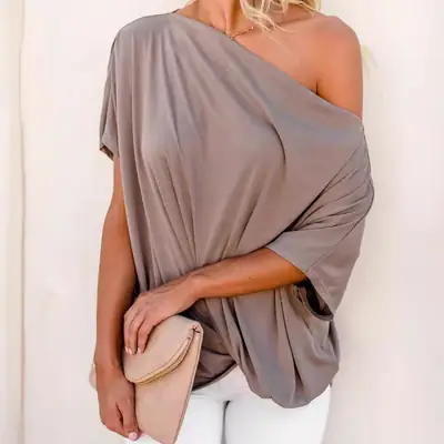 2024 Sloping Shoulder Women's T-Shirt Grey