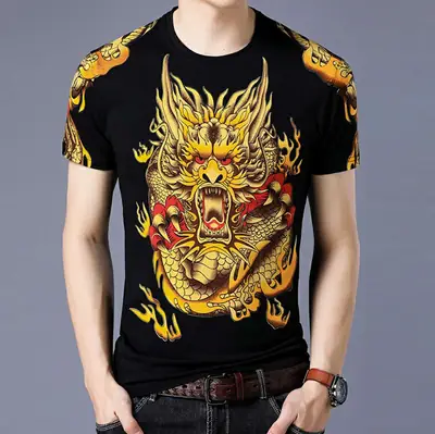19 Men Dragon Print T-Shirt White Short Sleeve