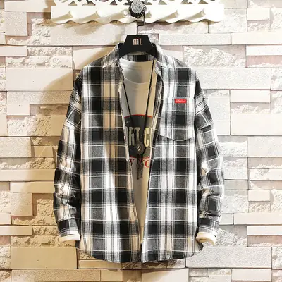 Men's Red Black Plaid Cotton Shirt Micro-Base