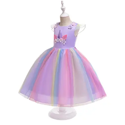 2025 Girls Unicorn Catwalk Dress Rainbow Tulle