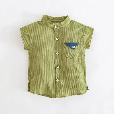 Boys Striped Short Sleeve Shirt Blue Cotton Linen Summer