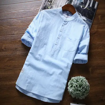 Men Light Blue Seven-Piece Cotton Shirt