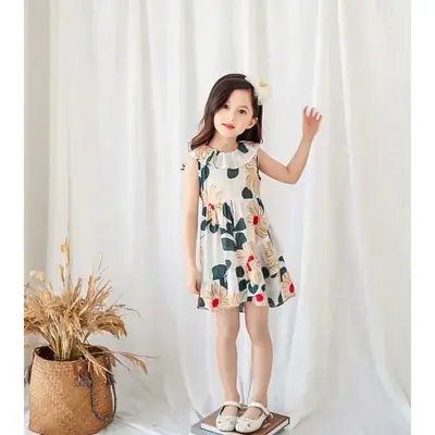 2020 Girls' Printed Sleeveless Summer Dress Blue Floral