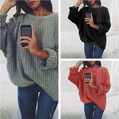 Women Pure Color Round Neck Top Sweater Pullover 2025