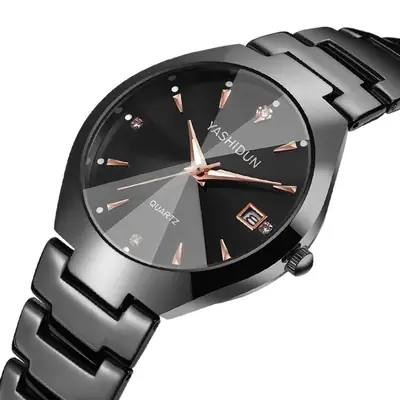 Men's Black Quartz Calendar Watch with Rose Gold Hands
