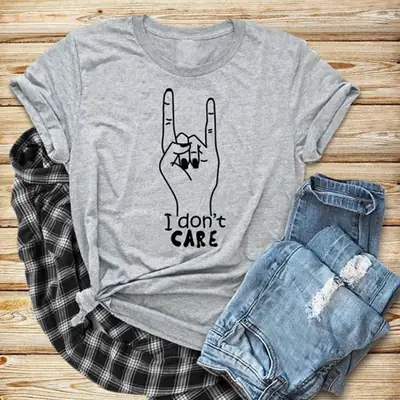 Women White T-Shirt "I Don't Care" Street Style