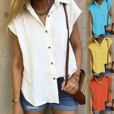 Women White Button Down Lapel Shirt Summer Casual