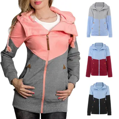 Women Pink Grey Color Block Hoodie Sweatshirt