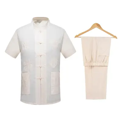 Men Navy Blue Embroidered Tang Suit Summer Short Sleeve