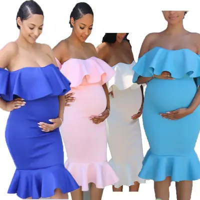 2019 Stretch Ruffled Collar Pregnant Dress Blue