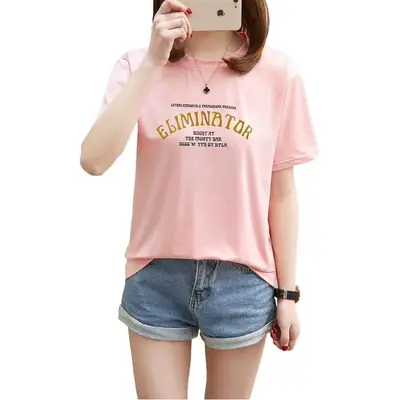Women Pink Letter Print T-Shirt Short Sleeve Summer