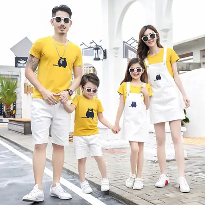 Family 3-Person Yellow T-Shirt White Shorts Summer Outfit