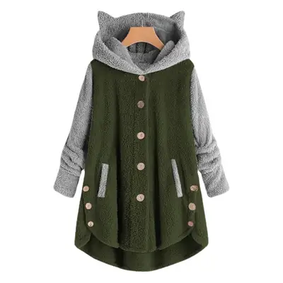 Women Button Hooded Cat Ear Plush Jacket Green