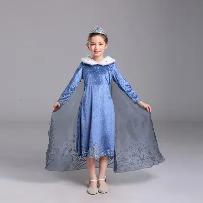 Girls Princess Dress Blue Maomao Collar with Scarf