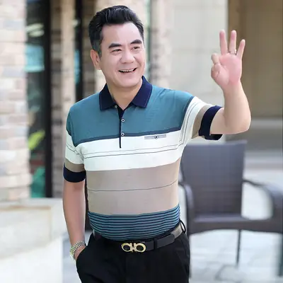 Men's Striped Polo T-Shirt Blue Beige White Casual Summer