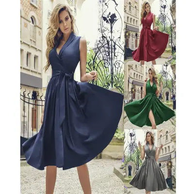 Women's V-Neck Sleeveless Waist Dress Maroon Solid Color