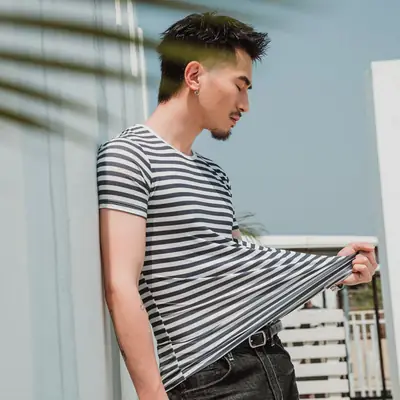 Men Striped Cotton T-Shirt Short Sleeve Korean Style