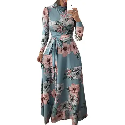 Women's Floral Printed Long Dress Blue Pink Large Hem
