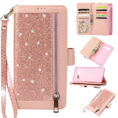 Pink Starry Zipper Phone Case with 9 Cards & Lanyard