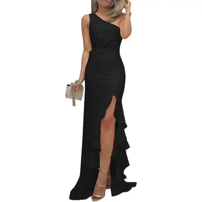 European Split Ruffled Evening Dress with Big Swing