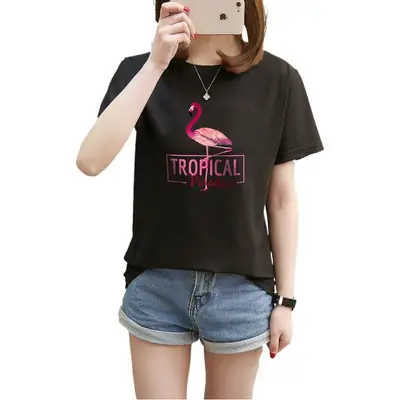 Women Tropical Flame Print T-Shirt Black 2025