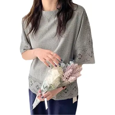 Women Japanese Style 5Q Sleeve T-Shirt Grey