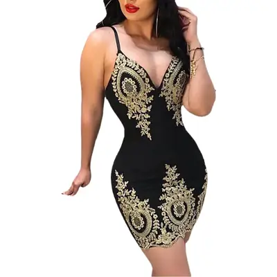 Black Gold Embroidered Hip-Hugging Dress for Women