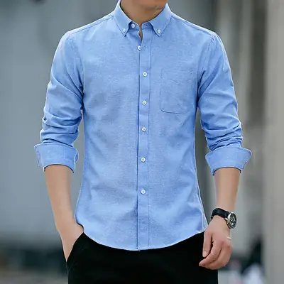 Men Navy Blue Oxford Long Sleeve Shirt Button Collar