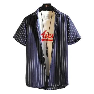Men Cotton Striped Short Sleeve Shirt Blue White