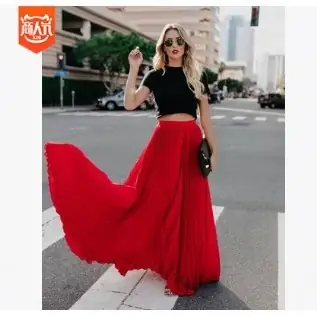 Red Pleated Long Skirt Large Women Summer 2024