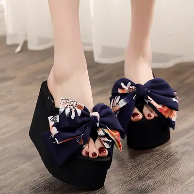2019 Summer Super High Bow Flip Flop Women's Large Size Platform Thick Sole Anti-Slip Sandals Women's Wedge Beach Shoes