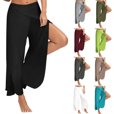Women's Wide Leg Summer Pants Olive Green Cross Back