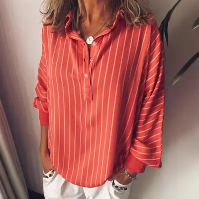 Women's Blue Striped Long Sleeve Button Down Shirt