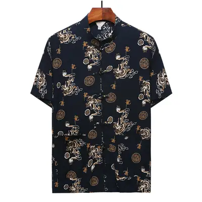 Chinese Style Dragon Print Short Sleeve Top for Men