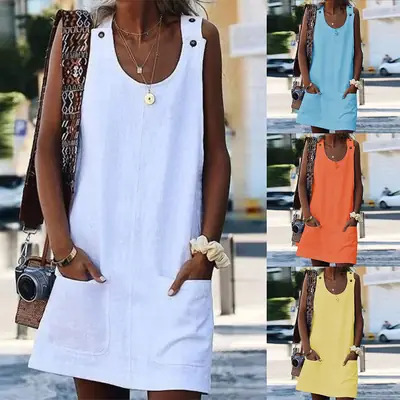 2019 Women's Flap Pocket Dress Cotton Linen Button