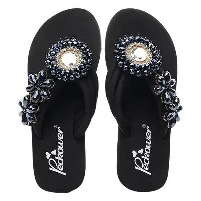 Thick-soled Wedge Flip-flops Women's Summer Outwear Fashionable Non-slip Muffin Beach Shoes Rhinestone High-heeled Sandals
