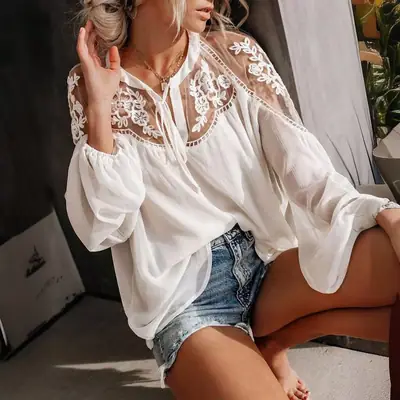 Women's White Lace Chiffon Top with Cold Shoulder Design