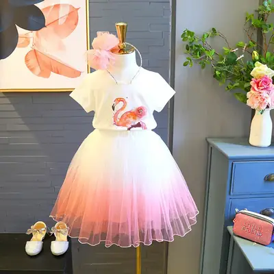 Girls Flamingo Gauze Skirt 2-Piece Summer Dress