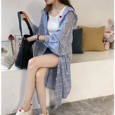 Women Korean Style Plaid Shirt Mid Length Loose Autumn Wear