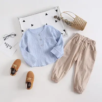 Children's 2-Piece Cotton Linen Set White Beige Spring