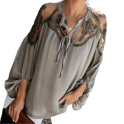 White Lace V Neck See Through Shirt for Women