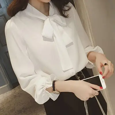 Korean Style Loose Bow Chiffon Shirt Brown