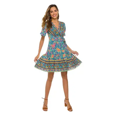 Women Printed V-Neck Dress Red Floral Large Swing Pleated