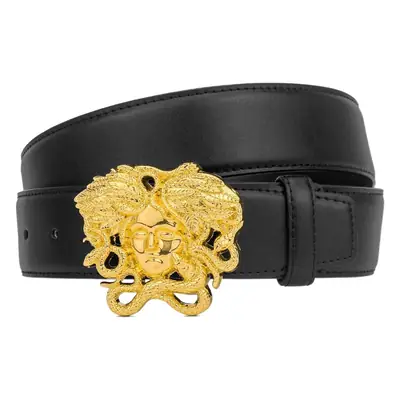 Men's Black Medusa Head Belt with Gold Plated Buckle