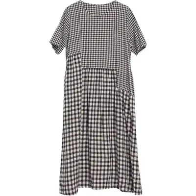 2024 New Summer Literary Plaid Dress Women Mid Length