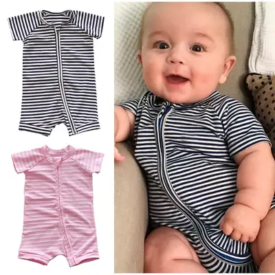Unisex Baby Short Sleeve Zip Romper Light Blue Stretch Cotton