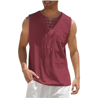 Men Sleeveless Lace-Up Cotton Linen Shirt Grey