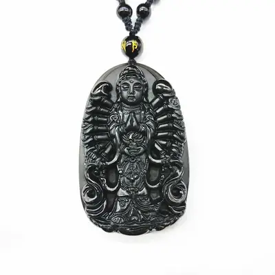 Natural Obsidian Guanyin Pendant for Men Women